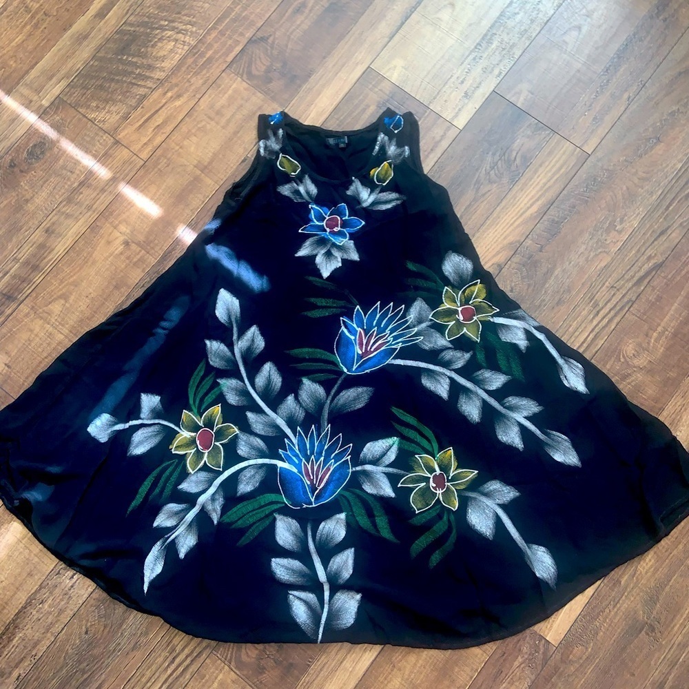 Hand painted tunic floral dress midi length boho art y2k